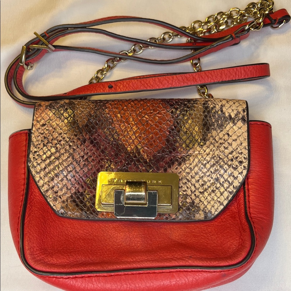 Red Leather Crossbody Bag with Snake-Print Flap
